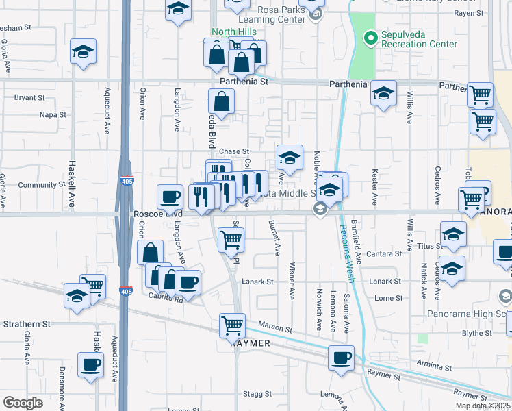 map of restaurants, bars, coffee shops, grocery stores, and more near 15245 Roscoe Boulevard in Los Angeles