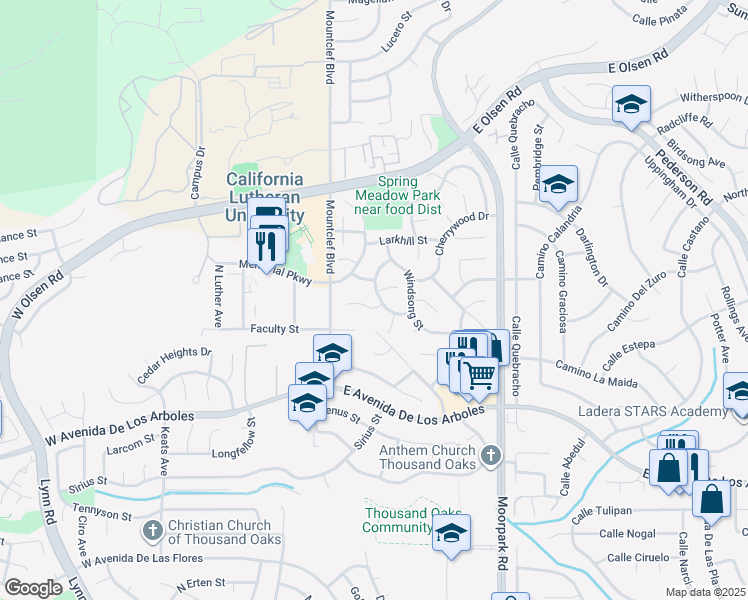 map of restaurants, bars, coffee shops, grocery stores, and more near 71 Del Ray Circle in Thousand Oaks