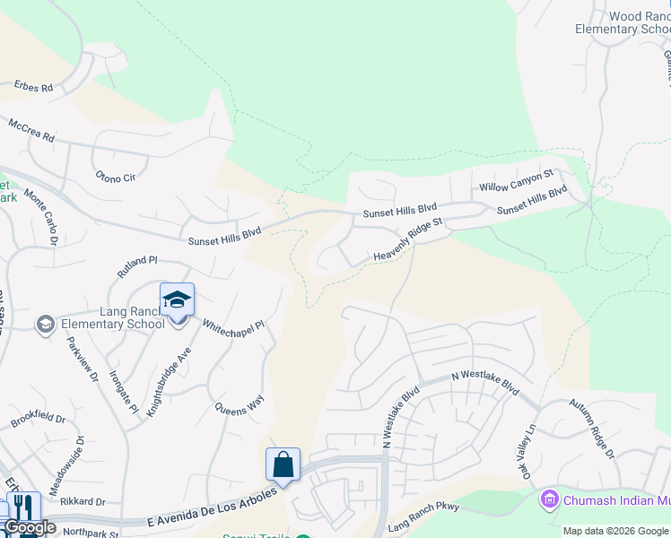 map of restaurants, bars, coffee shops, grocery stores, and more near 3082 Eaglewood Avenue in Thousand Oaks