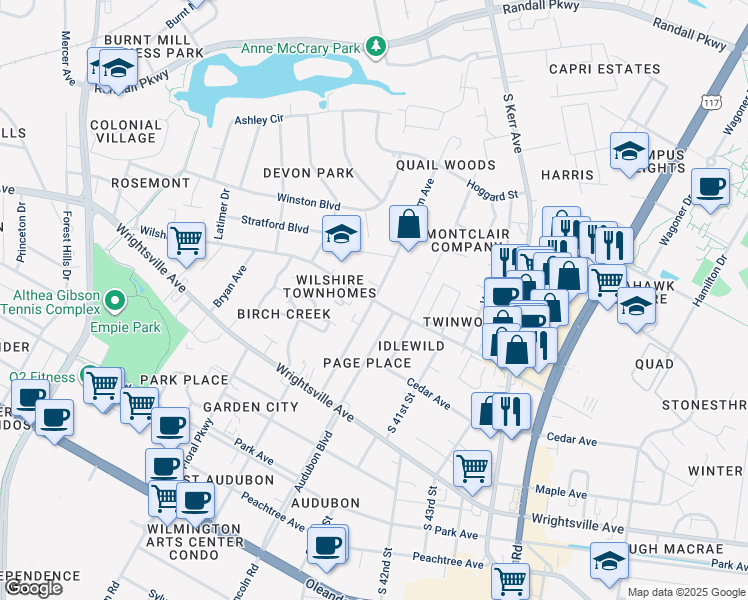 map of restaurants, bars, coffee shops, grocery stores, and more near Wilshire Boulevard in Wilmington