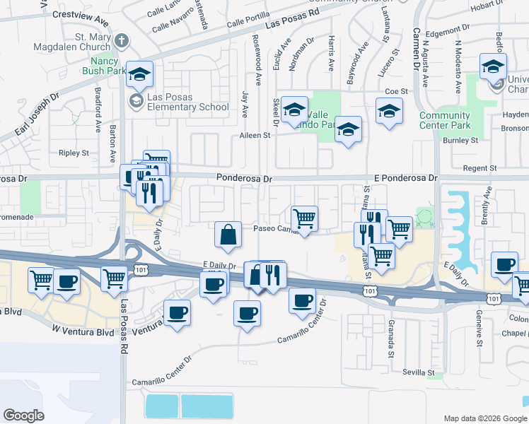 map of restaurants, bars, coffee shops, grocery stores, and more near 562 Rosewood Avenue in Camarillo