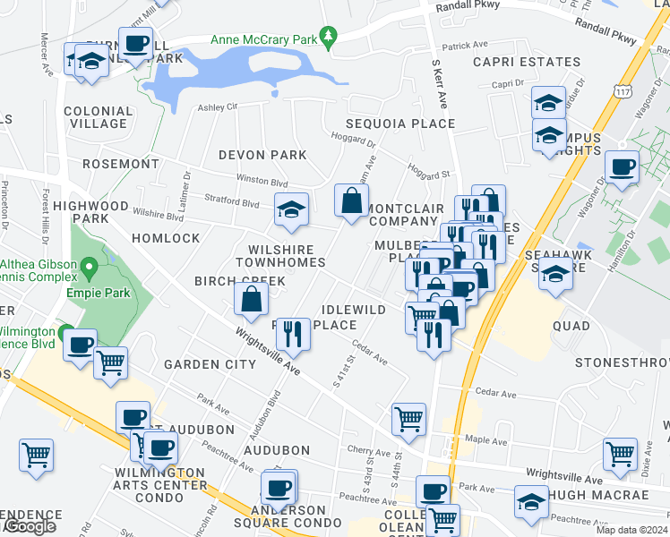 map of restaurants, bars, coffee shops, grocery stores, and more near 3913 Wilshire Boulevard in Wilmington