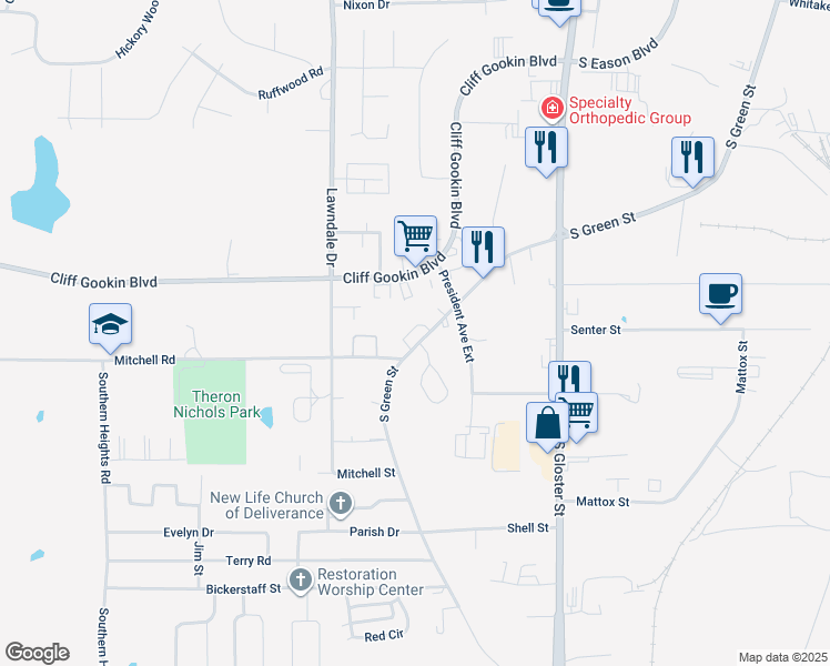 map of restaurants, bars, coffee shops, grocery stores, and more near 2983 South Green Street in Tupelo