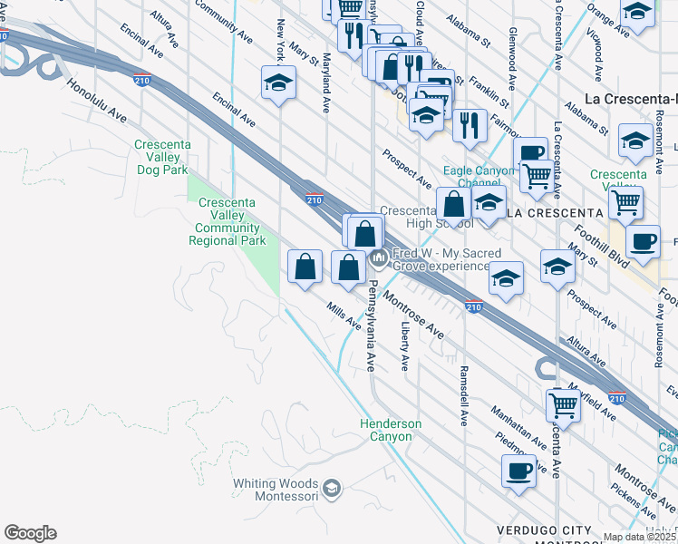 map of restaurants, bars, coffee shops, grocery stores, and more near 3251 Honolulu Avenue in Glendale