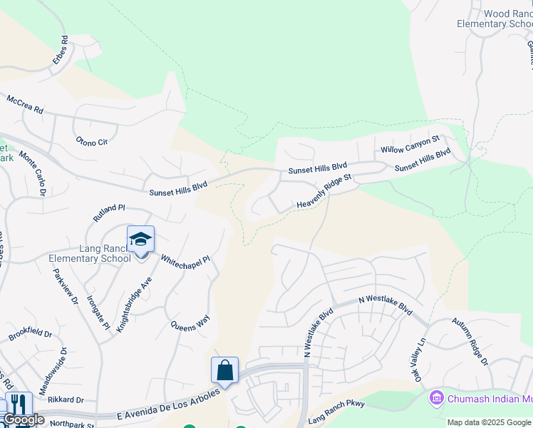 map of restaurants, bars, coffee shops, grocery stores, and more near 2780 Heavenly Ridge Street in Thousand Oaks