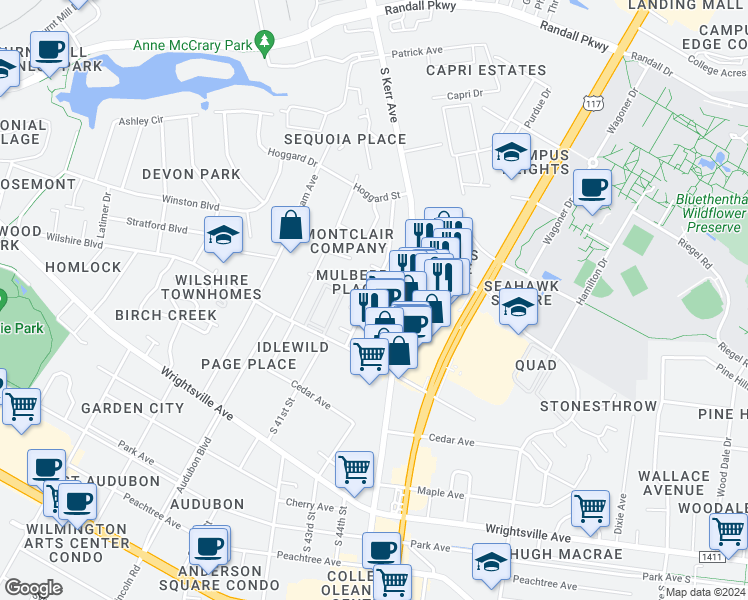 map of restaurants, bars, coffee shops, grocery stores, and more near 721 Varsity Drive in Wilmington