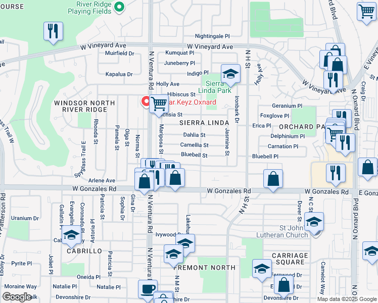map of restaurants, bars, coffee shops, grocery stores, and more near 1241 Camellia Street in Oxnard