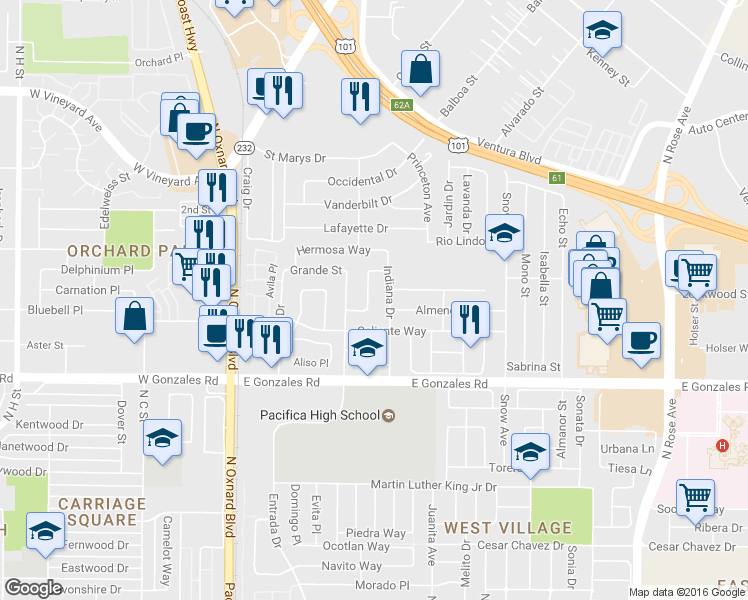 map of restaurants, bars, coffee shops, grocery stores, and more near 2038 Dulce Drive in Oxnard