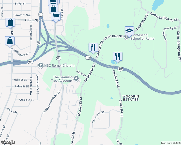 map of restaurants, bars, coffee shops, grocery stores, and more near 6 Chateau Drive Southeast in Rome