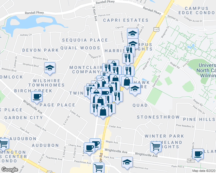 map of restaurants, bars, coffee shops, grocery stores, and more near 4542 Fountain Dr in Wilmington