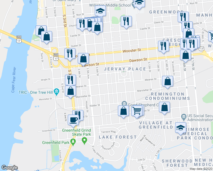 map of restaurants, bars, coffee shops, grocery stores, and more near 620 Meares Street in Wilmington