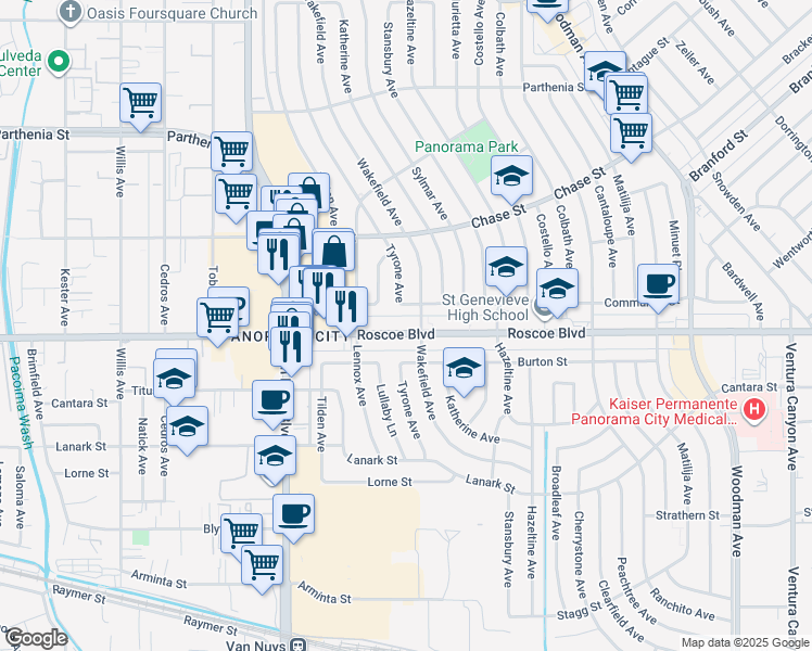 map of restaurants, bars, coffee shops, grocery stores, and more near 14245 Roscoe Boulevard in Los Angeles