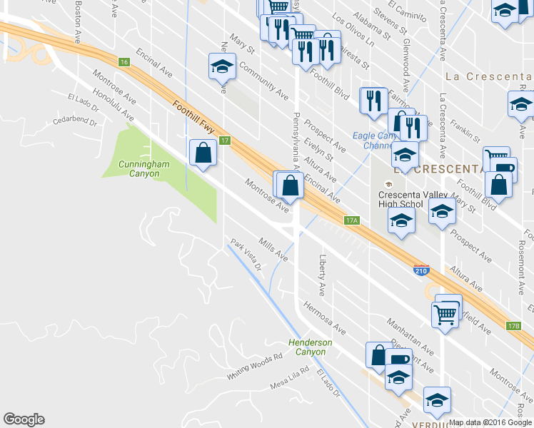 map of restaurants, bars, coffee shops, grocery stores, and more near 3313 Honolulu Avenue in Glendale