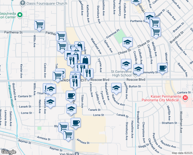 map of restaurants, bars, coffee shops, grocery stores, and more near 8327 Tyrone Avenue in Los Angeles