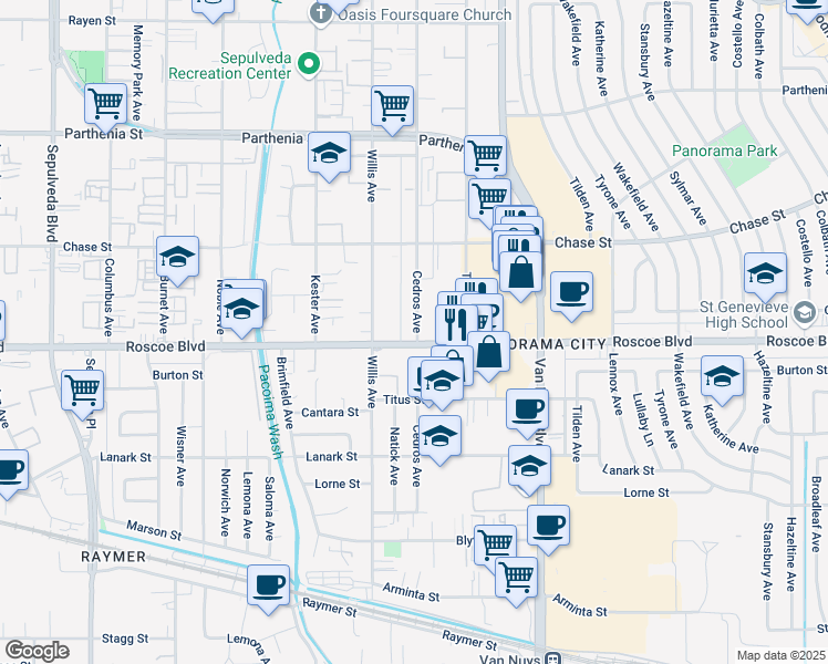 map of restaurants, bars, coffee shops, grocery stores, and more near 8331 Cedros Avenue in Los Angeles