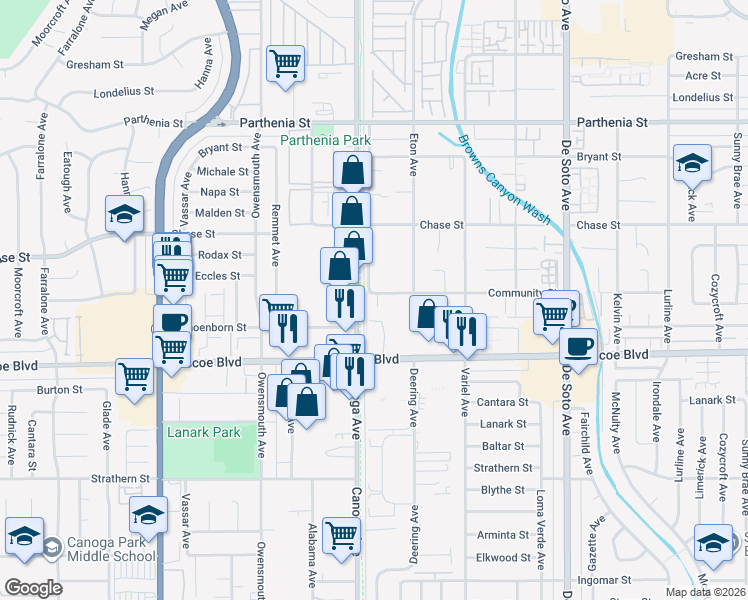 map of restaurants, bars, coffee shops, grocery stores, and more near 8417 Canoga Avenue in Los Angeles