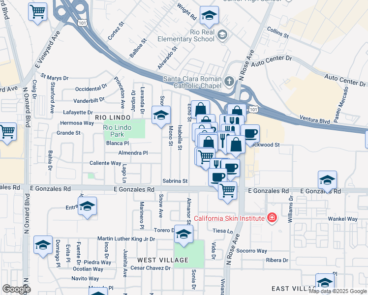 map of restaurants, bars, coffee shops, grocery stores, and more near 2055 Almanor Street in Oxnard