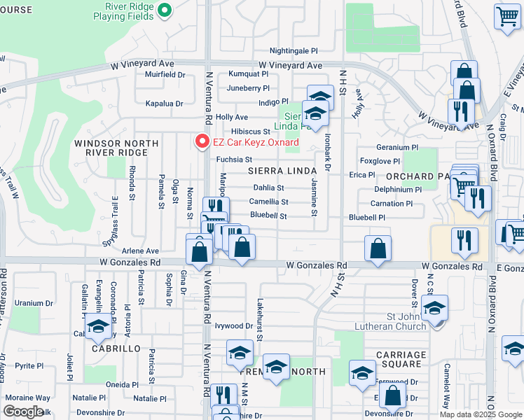map of restaurants, bars, coffee shops, grocery stores, and more near 1241 Camellia Street in Oxnard