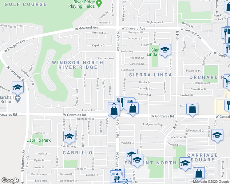 map of restaurants, bars, coffee shops, grocery stores, and more near 2056 North Ventura Road in Oxnard
