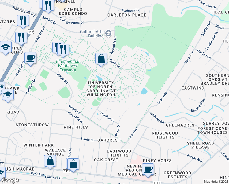 map of restaurants, bars, coffee shops, grocery stores, and more near 5070 Price Drive in Wilmington
