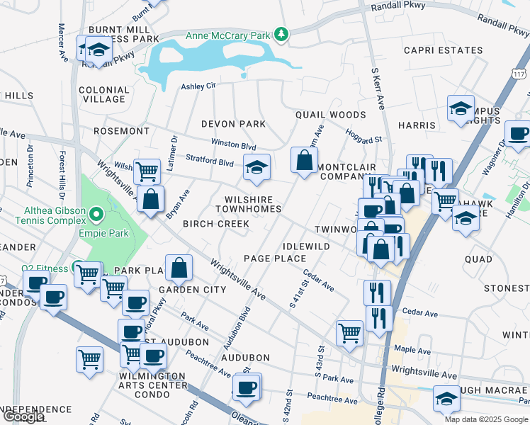 map of restaurants, bars, coffee shops, grocery stores, and more near 3805 Wilshire Boulevard in Wilmington