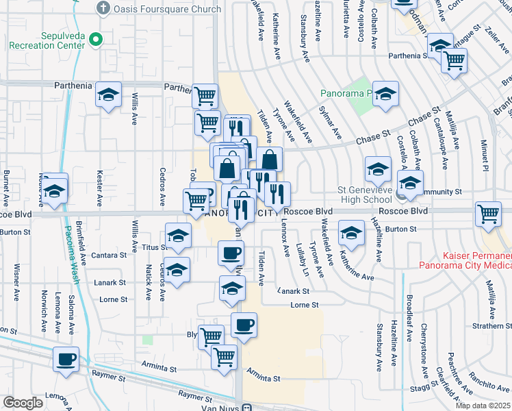 map of restaurants, bars, coffee shops, grocery stores, and more near 8324 Van Nuys Boulevard in Los Angeles