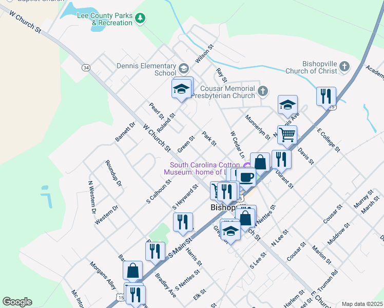 map of restaurants, bars, coffee shops, grocery stores, and more near 400-430 W Council St in Bishopville