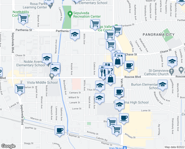 map of restaurants, bars, coffee shops, grocery stores, and more near 8309 Cedros Avenue in Panorama City