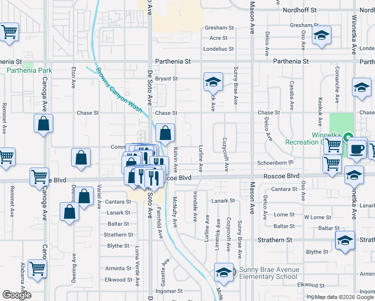map of restaurants, bars, coffee shops, grocery stores, and more near 20730 Community Street in Los Angeles