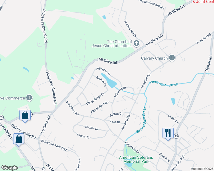 map of restaurants, bars, coffee shops, grocery stores, and more near 542 Bishop Court in Commerce