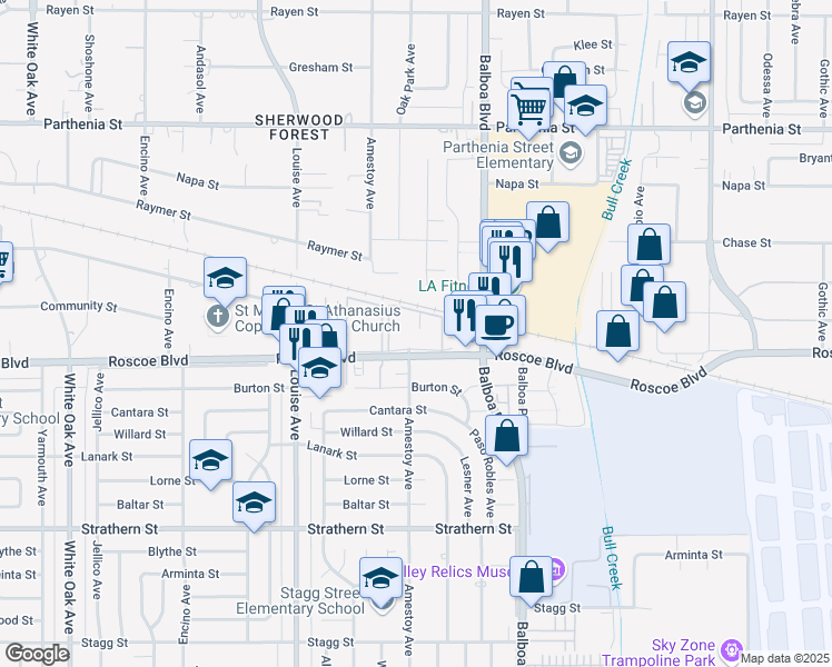 map of restaurants, bars, coffee shops, grocery stores, and more near 17123 Roscoe Boulevard in Los Angeles