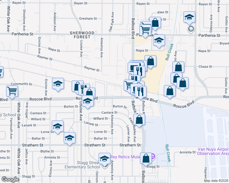 map of restaurants, bars, coffee shops, grocery stores, and more near 17105 Roscoe Boulevard in Los Angeles