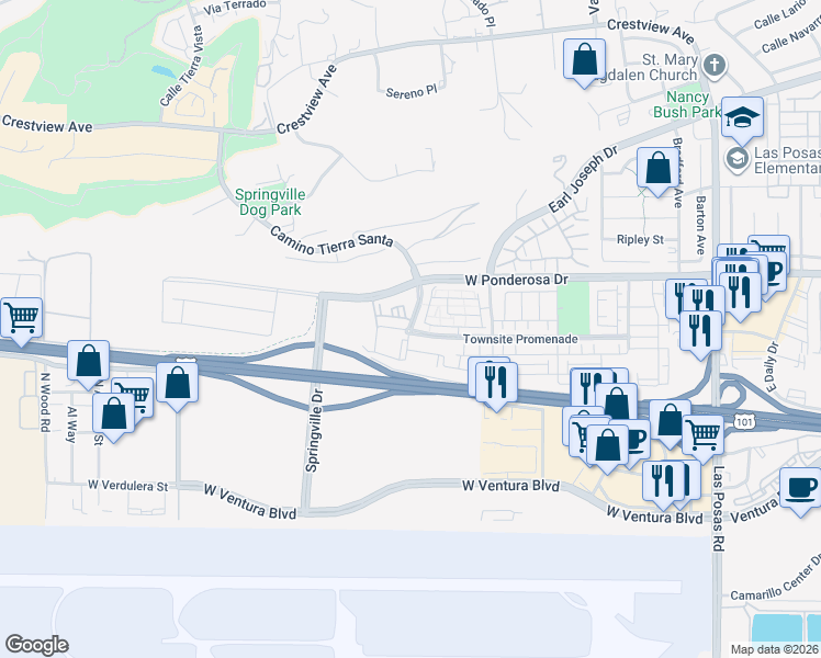 map of restaurants, bars, coffee shops, grocery stores, and more near 633 Camino Tierra Santa in Camarillo
