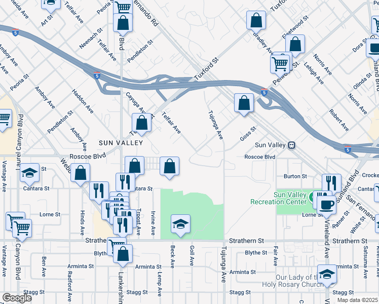 map of restaurants, bars, coffee shops, grocery stores, and more near 11473 Penrose Street in Los Angeles