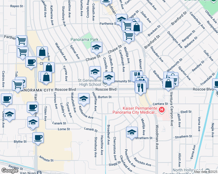 map of restaurants, bars, coffee shops, grocery stores, and more near 13967 Roscoe Boulevard in Los Angeles