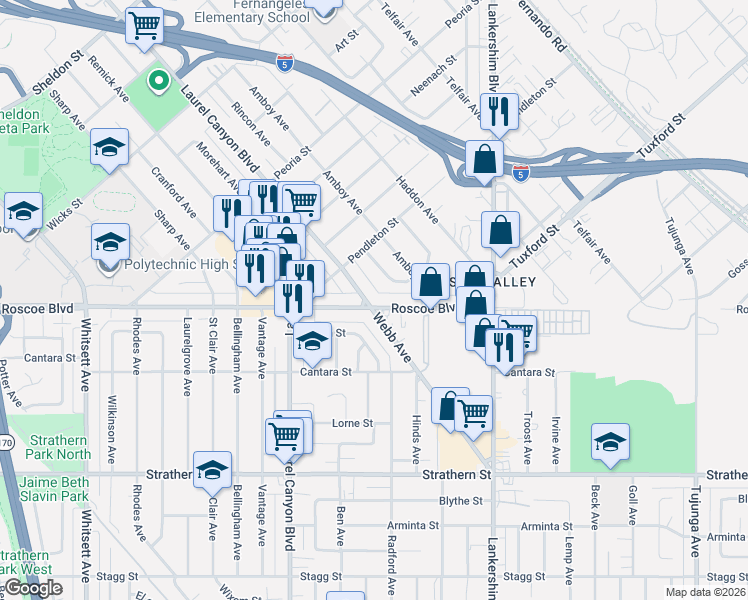 map of restaurants, bars, coffee shops, grocery stores, and more near 8302 Webb Avenue in Los Angeles