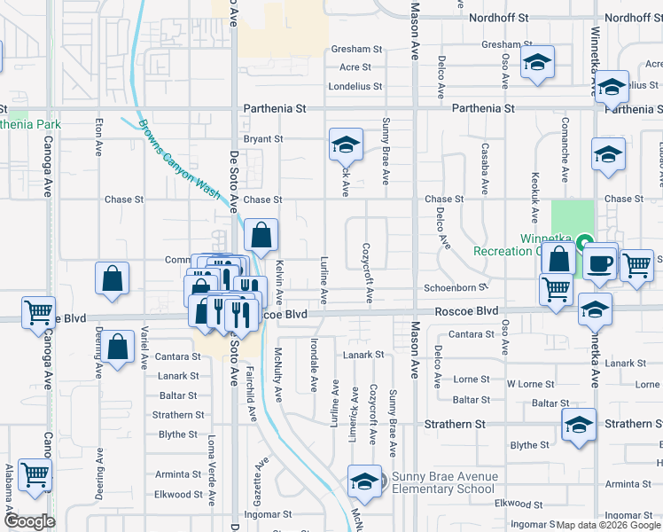 map of restaurants, bars, coffee shops, grocery stores, and more near 8364 Lurline Avenue in Los Angeles