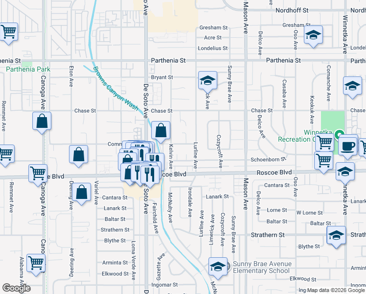 map of restaurants, bars, coffee shops, grocery stores, and more near 20735 Community Street in Los Angeles