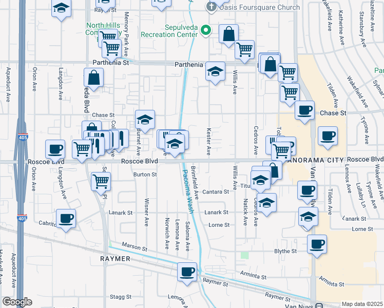 map of restaurants, bars, coffee shops, grocery stores, and more near 14941 Roscoe Boulevard in Los Angeles
