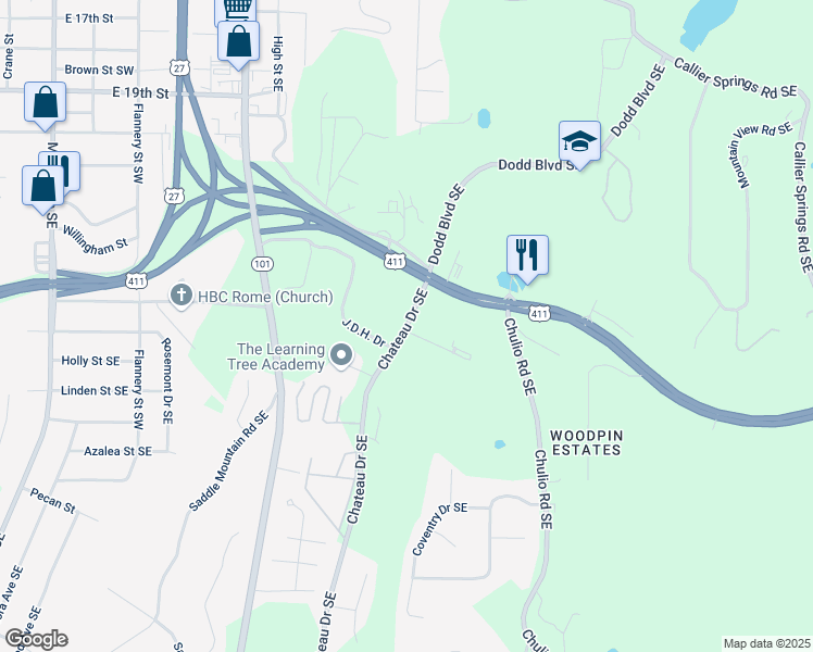 map of restaurants, bars, coffee shops, grocery stores, and more near 89 Chateau Drive Southeast in Rome