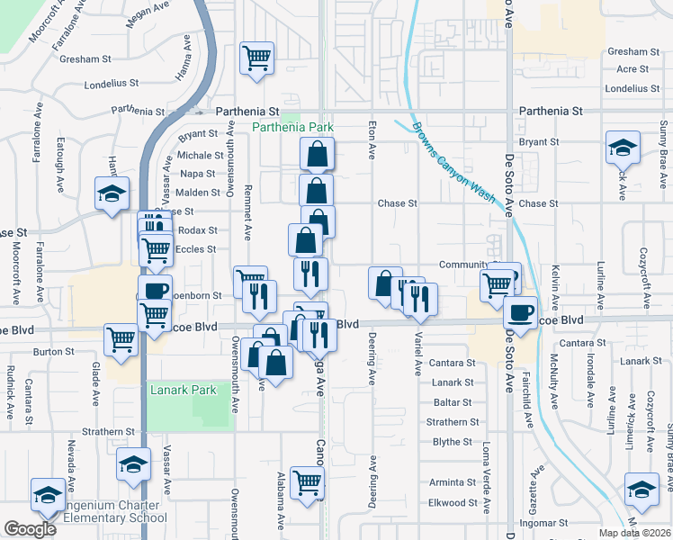 map of restaurants, bars, coffee shops, grocery stores, and more near 8417 Canoga Avenue in Los Angeles