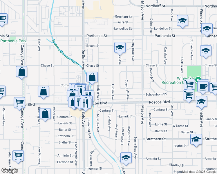 map of restaurants, bars, coffee shops, grocery stores, and more near 20716 Community Street in Los Angeles