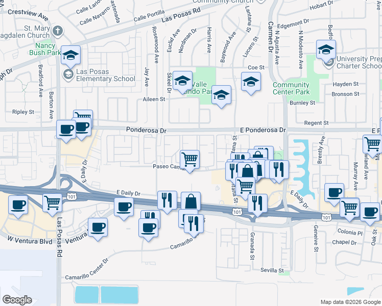 map of restaurants, bars, coffee shops, grocery stores, and more near 823 Paseo Camarillo in Camarillo