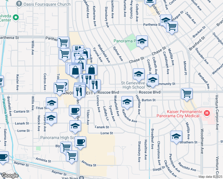 map of restaurants, bars, coffee shops, grocery stores, and more near 14245 Roscoe Boulevard in Los Angeles