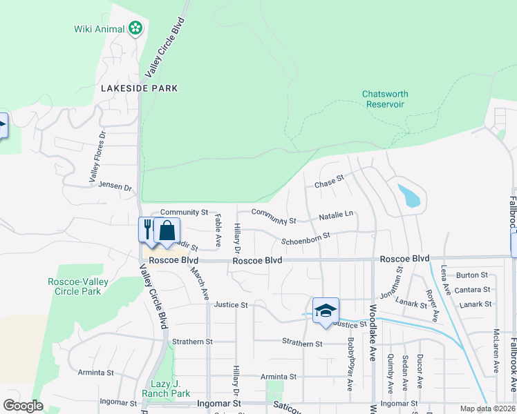 map of restaurants, bars, coffee shops, grocery stores, and more near 23523 Community Street in Los Angeles