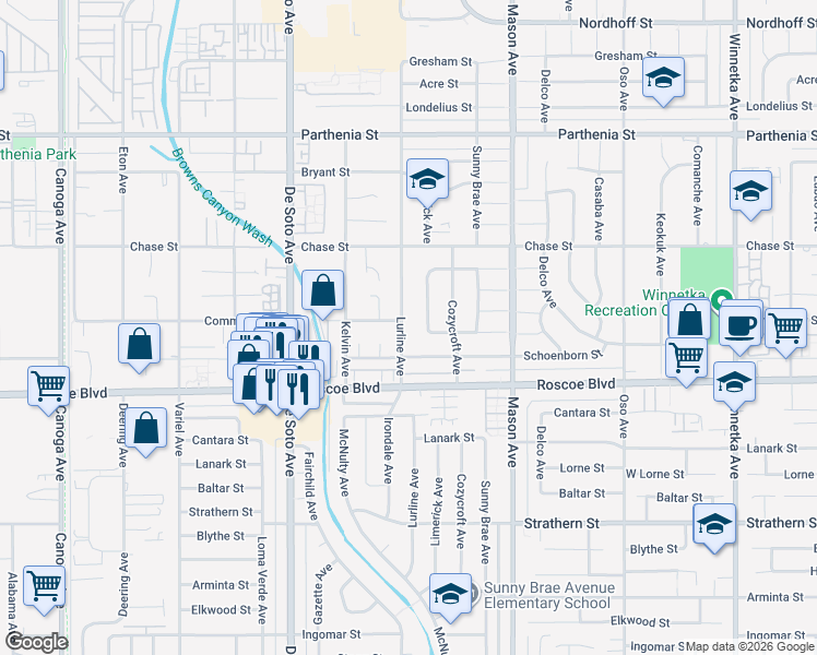map of restaurants, bars, coffee shops, grocery stores, and more near 8364 Lurline Avenue in Los Angeles