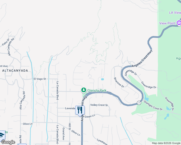map of restaurants, bars, coffee shops, grocery stores, and more near 5366 Vista Lejana Lane in La Cañada Flintridge
