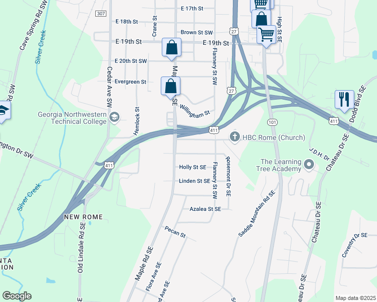 map of restaurants, bars, coffee shops, grocery stores, and more near 105 Juniper Way Southeast in Rome