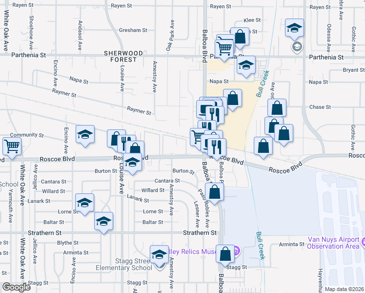 map of restaurants, bars, coffee shops, grocery stores, and more near 17053 West Roscoe Boulevard in Los Angeles