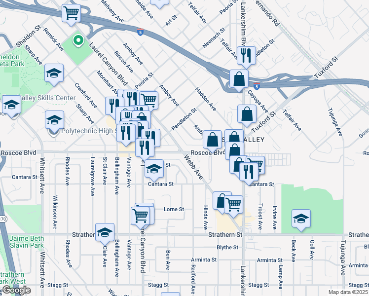 map of restaurants, bars, coffee shops, grocery stores, and more near 8302 Webb Avenue in Los Angeles